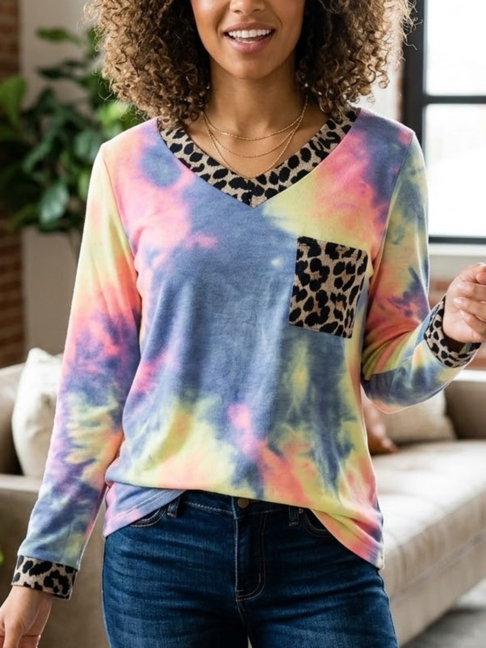 BiBi Rainbow Tie-Dye Leopard Trim V-Neck Long Sleeve Sweatshirt